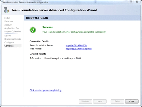 Team Foundation Server Configuration - Advanced - Configure - Complete