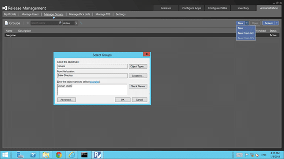 Error adding Active Directory Group to Release Management Client in Visual Studio 2013