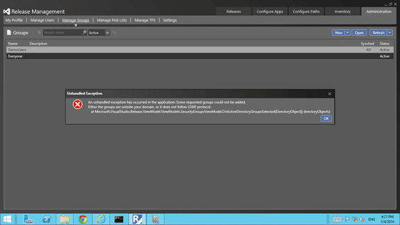 Error adding Active Directory Group to Release Management Client in Visual Studio 2013
