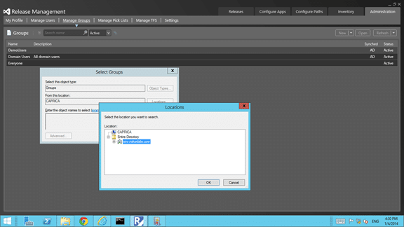 Error adding Active Directory Group to Release Management Client in Visual Studio 2013