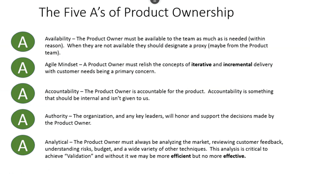 The Five A&rsquo;s of Product Ownership: Availability, Agile Mindset, Accountability, Authority and Analytical thinking.