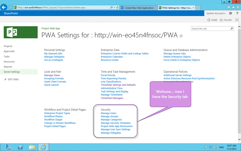 Now I get Manage Users and Manage Groups for Project Server 2013