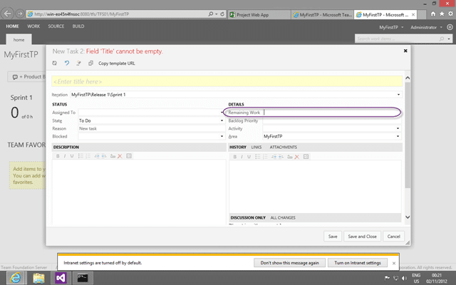 The Task Work Item Type only includes Remaining Work