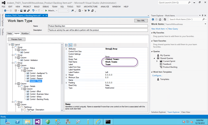 Set the field name and the label for the &rsquo;team field&rsquo; to show
