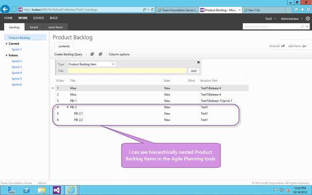 You can see nested PBI’s on the Agile Planning tools