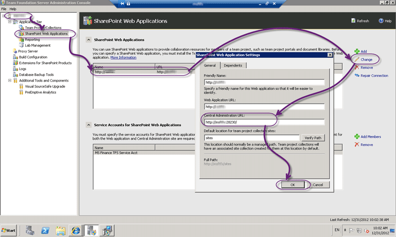 Update the SharePoint link from Team Foundation Server to the correct value