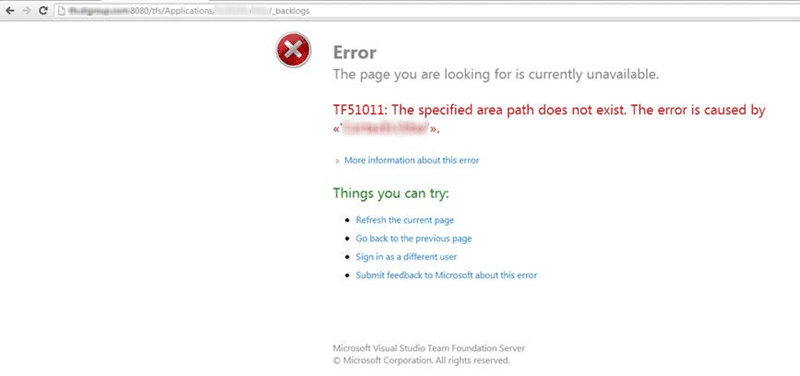 TF51011: The specified area path does not exist
