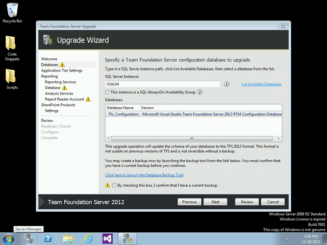 Choosing your database for upgrade to Team Foundation Server 2012 Update 1