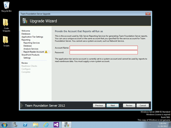 Enter your Report Reader Account for Team Foundation Server 2012 Update 1